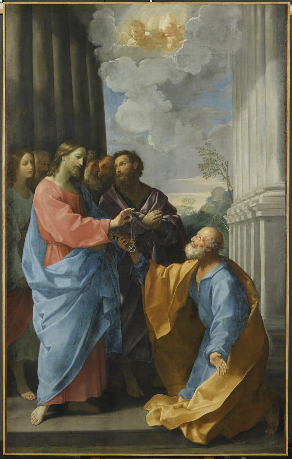 Christ in a red robe and blue mantle holds out two keys to Peter, who kneels before Him, while the other disciples stand behind between stone columns under an open sky.
