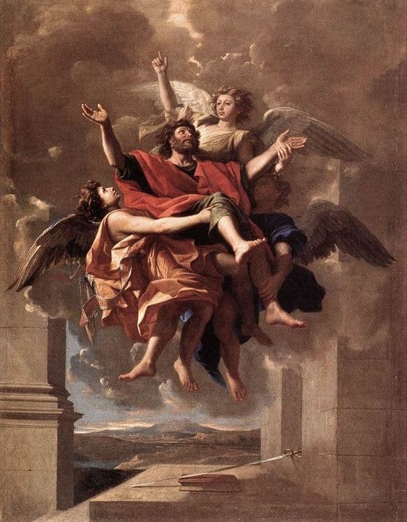 A painting of the apostle Paul borne up into the sky by angels, his arms open, above a ledge where his sword and book lie.