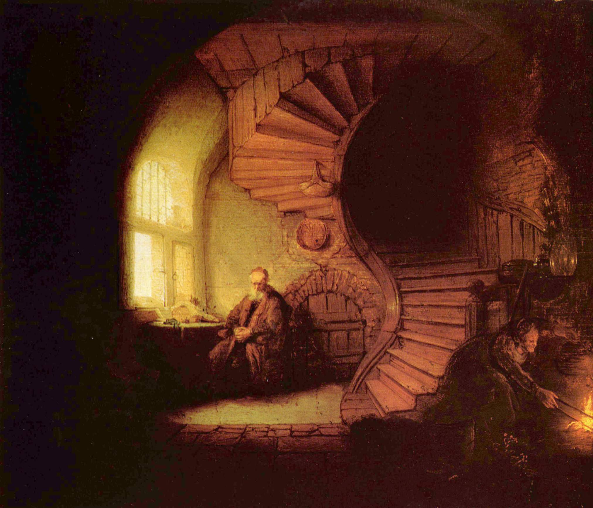 A painting of an old man seated with folded hands at a table beneath an arched window of golden light, beside a winding wooden staircase, while a woman tends a fire in the dark corner of the room.