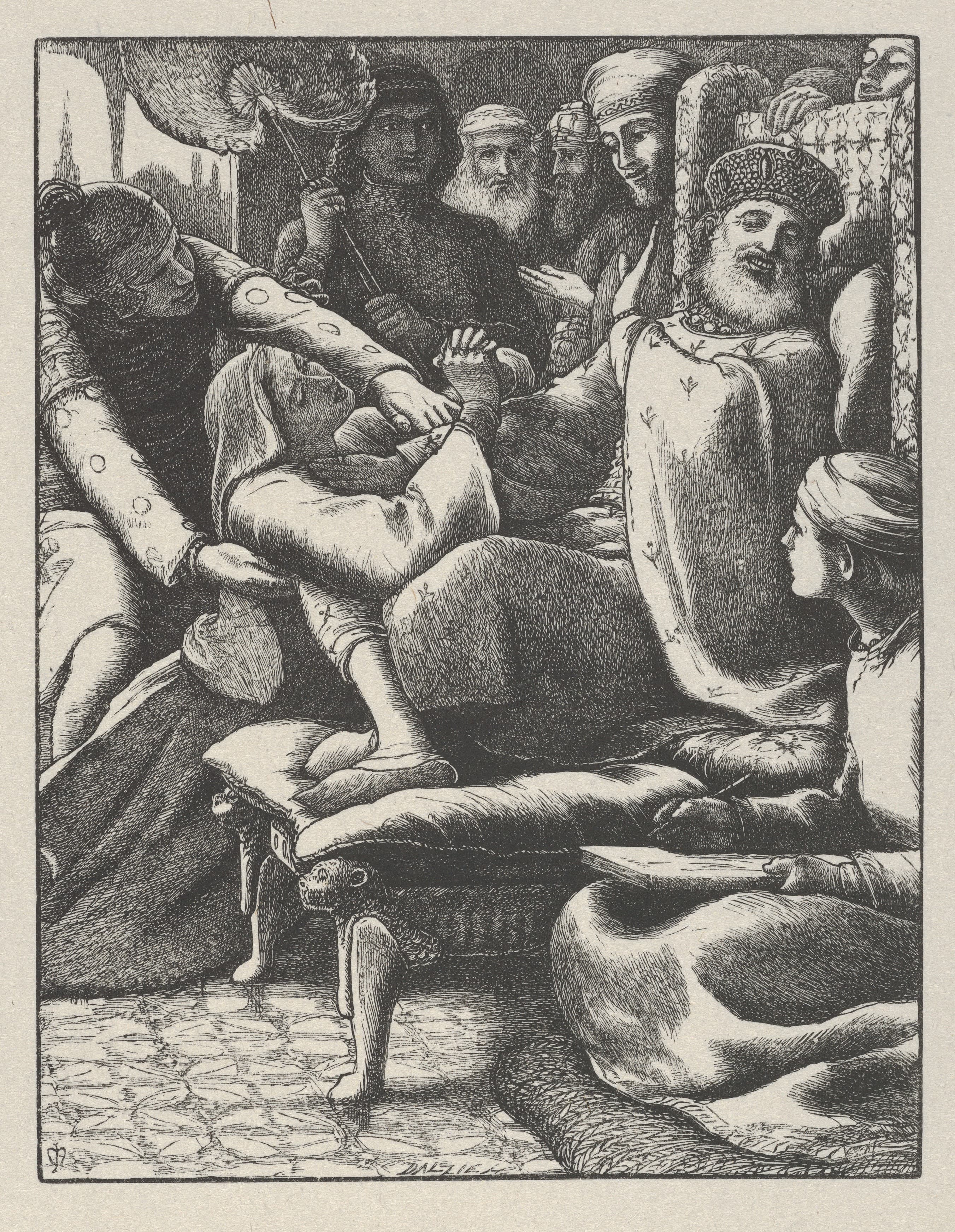 An engraving of a bearded judge in a jewelled cap reclining on a cushioned couch among his attendants, while a veiled woman bends toward him and grips his hand and a man at her side pulls at her arm.