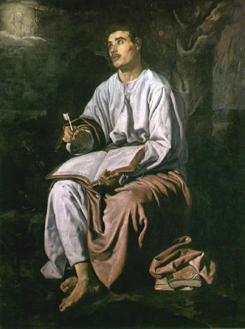 A young John sits barefoot on a rock in a dark landscape with an open book on his knee and a quill in his right hand, looking up to a small vision of a woman in light among clouds at the upper left, with an eagle in the shadows beside him.