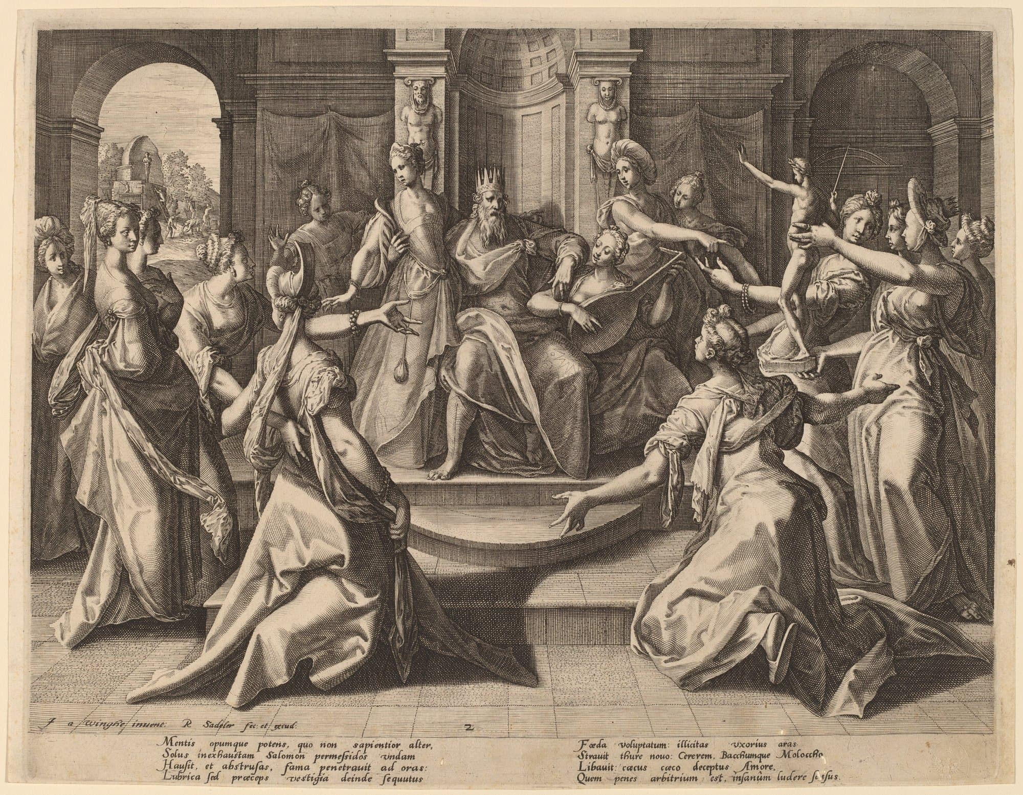 An engraving of an old crowned king seated on a throne in a columned hall, surrounded by richly dressed women; one plays a lute beside him, another holds up a small idol on a pedestal, and through an arch at the left a statue stands on an altar in a garden, with Latin verses printed below the picture.