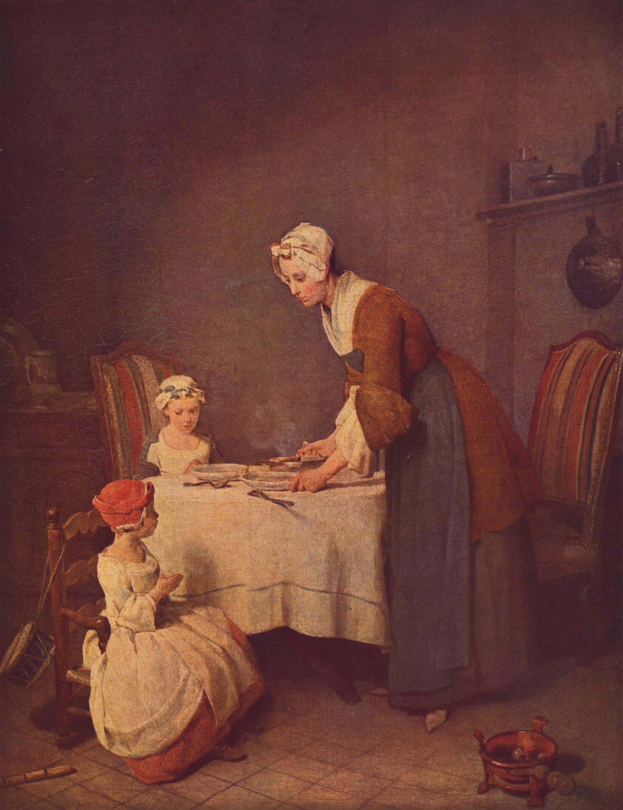 A painting of a mother in a white cap and brown jacket setting dishes on a table laid with a white cloth, while one small girl sits at the table and a younger child on a low chair folds her hands to say grace.