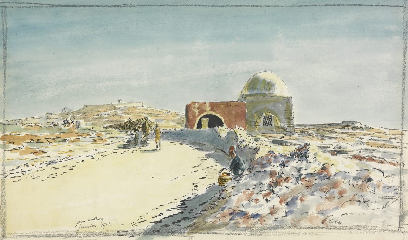 A domed tomb with an arched forecourt stands beside a pale road, where a line of camels and men on foot passes under a wide blue sky.