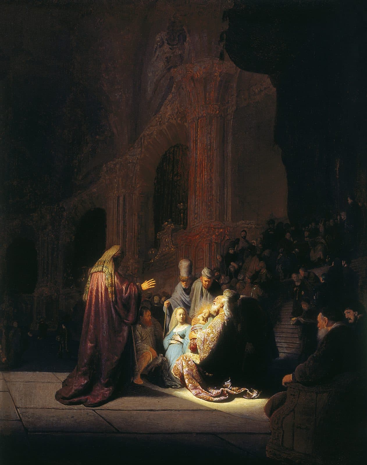 In a vast, dim temple the old man Simeon kneels in a shaft of light holding the infant Jesus, with Mary kneeling before him and Joseph kneeling behind her, while a robed figure seen from behind lifts his hand toward them and a crowd gathers on the steps at the right.