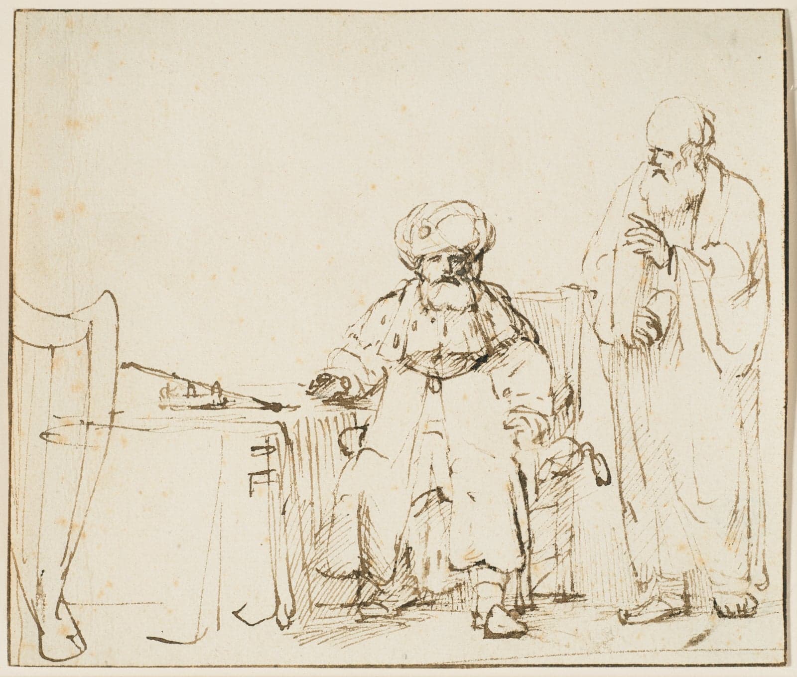 A pen drawing of a king in a turban and a fur-trimmed robe seated by a table, while a bearded prophet stands beside him with one hand raised to his chest.