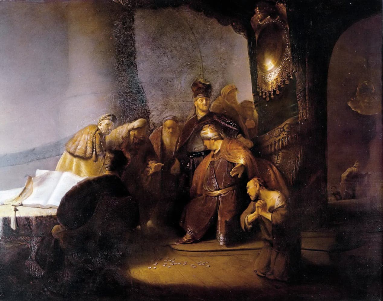 In a dim temple hall a kneeling man wrings his hands before a group of priests and elders, one of whom turns away, while silver coins lie scattered across the boards in the light.