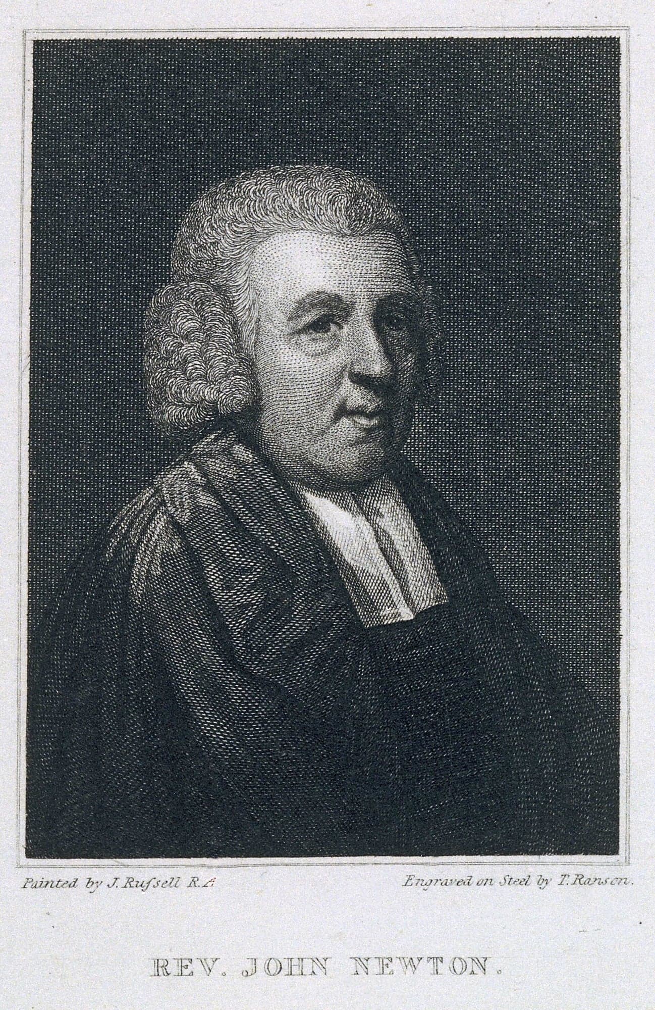 An engraved portrait on a pale sheet of an elderly clergyman in a curled white wig, a dark gown and white bands against a dark ground, with the lettering Rev. John Newton beneath it.
