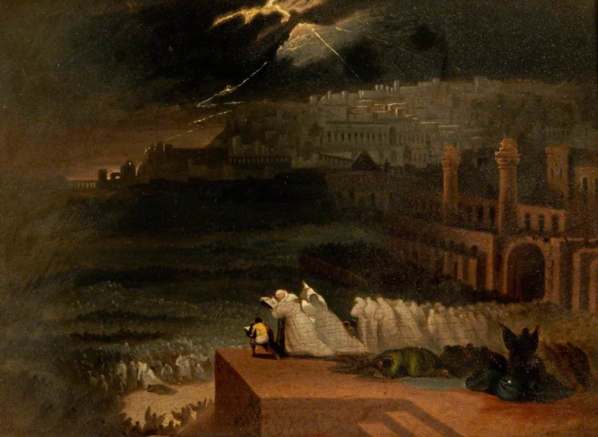 A painting of a dark storm with lightning over a pale walled city, where a line of figures in white kneels on a stone platform in the foreground and a crowd fills the plain below.