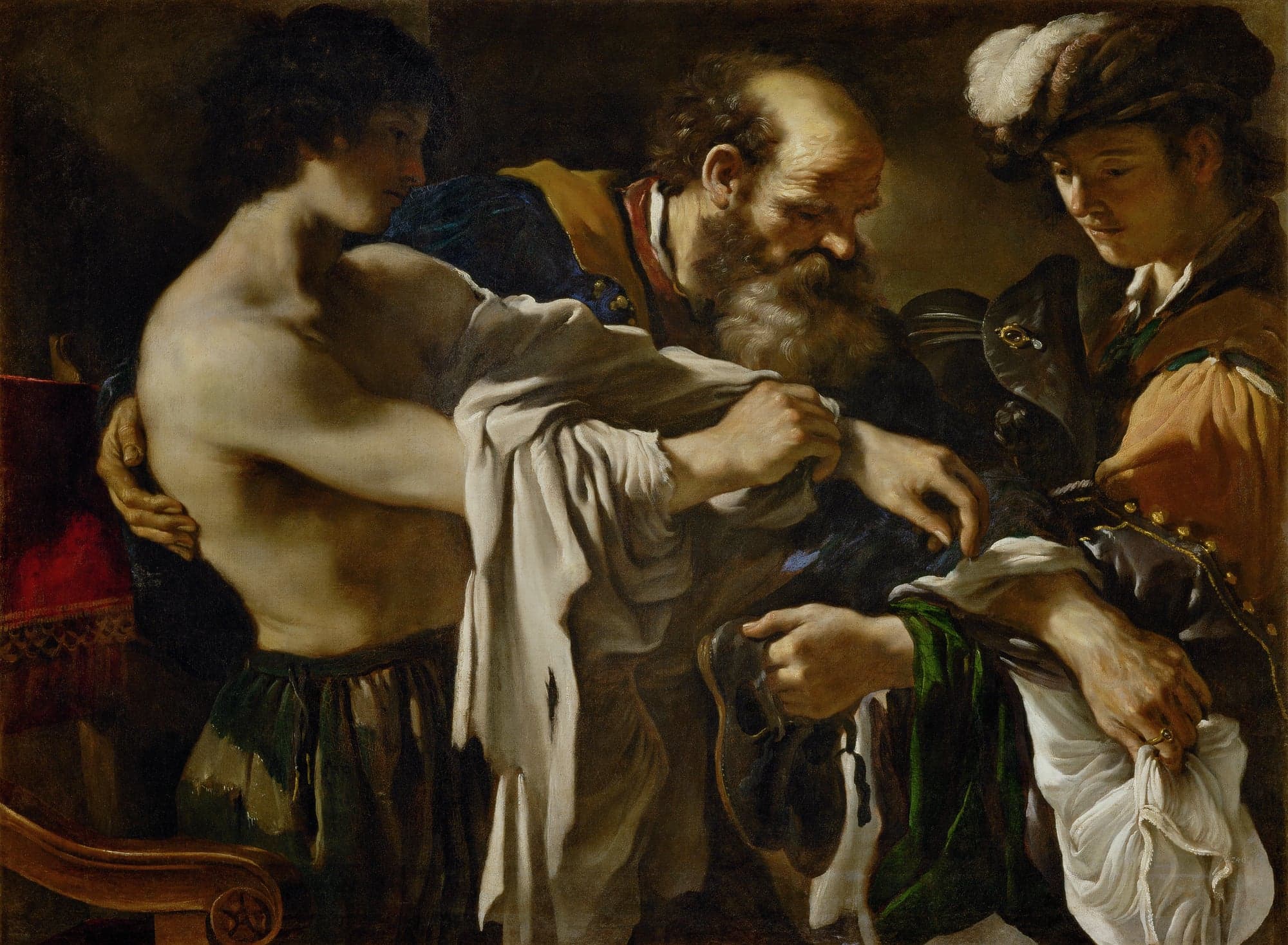 A painting of a bearded old man helping a bare-chested young man into a clean white shirt, while a servant in a plumed cap holds out new clothes and shoes beside them.