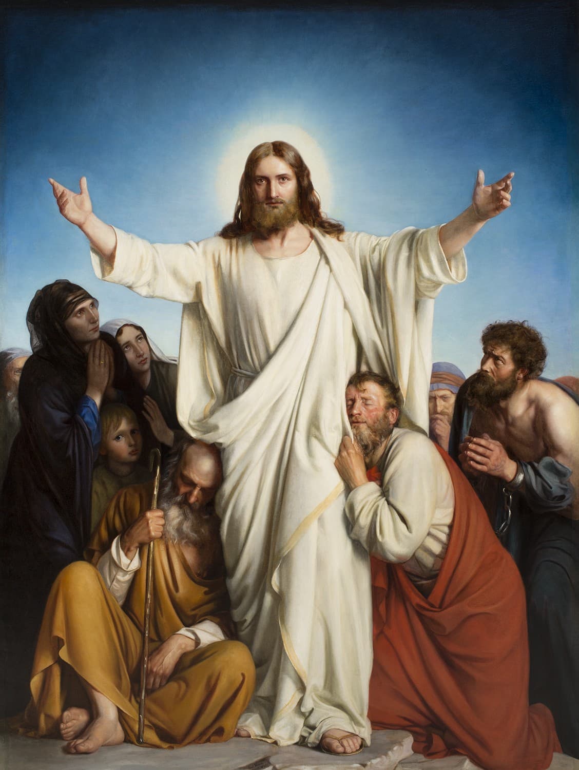 Christ in a white robe stands with His arms spread wide under a blue sky, while an old man with a staff leans against His robe, a man with chained wrists kneels in prayer, and women and a child look up to Him.