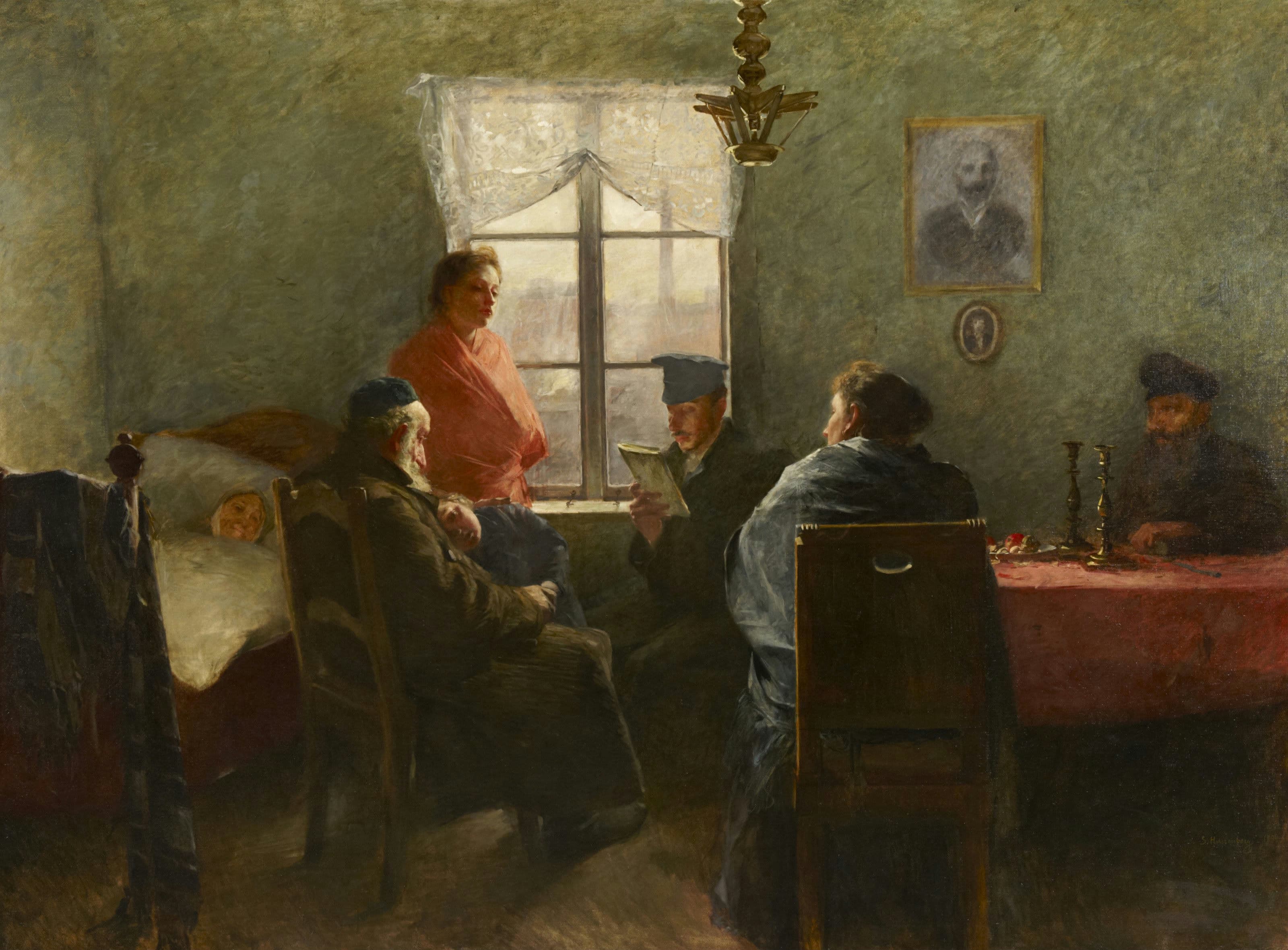 A painting of a family in a dim room by a curtained window: an old bearded man holds a sleeping child on his lap, a young man in a cap reads a small book, a woman in a pink shawl stands listening, an old woman lies smiling in a bed, and a bearded man sits at a table with brass candlesticks.