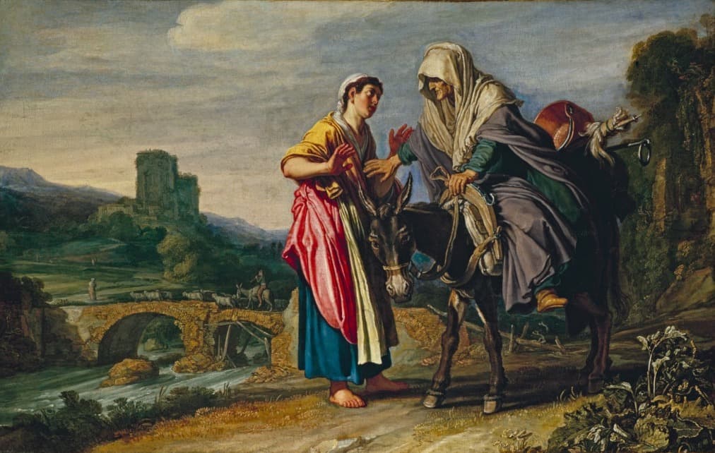 A painting of a barefoot young woman in a yellow, red and blue dress raising her hands to an old woman in a grey hood seated on a donkey on a road, with a stone bridge, a stream, a flock and a ruined tower in the hills behind them.