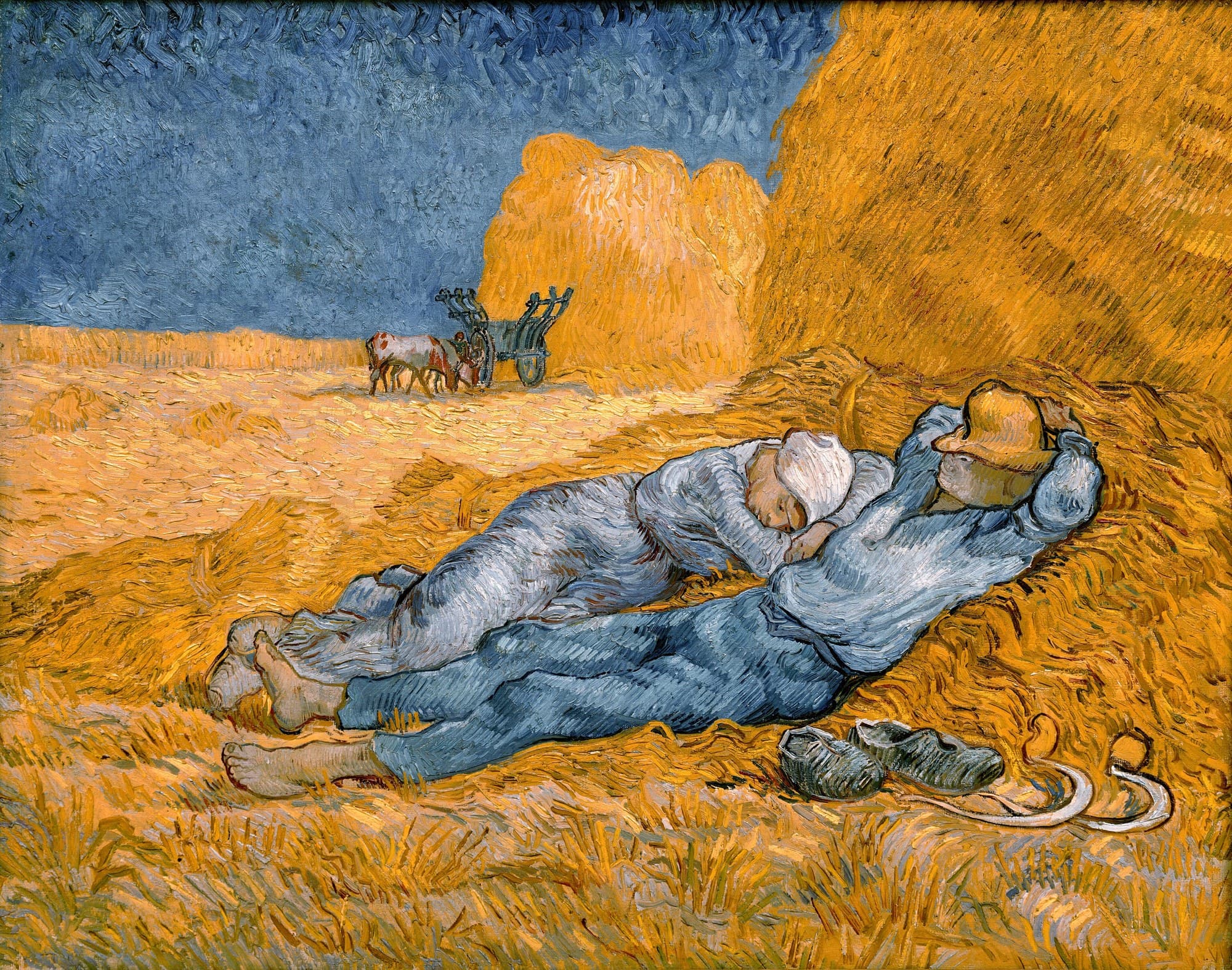A man and a woman in blue work clothes sleep against a haystack in a golden wheat field, with their shoes and sickles beside them and a cart behind.