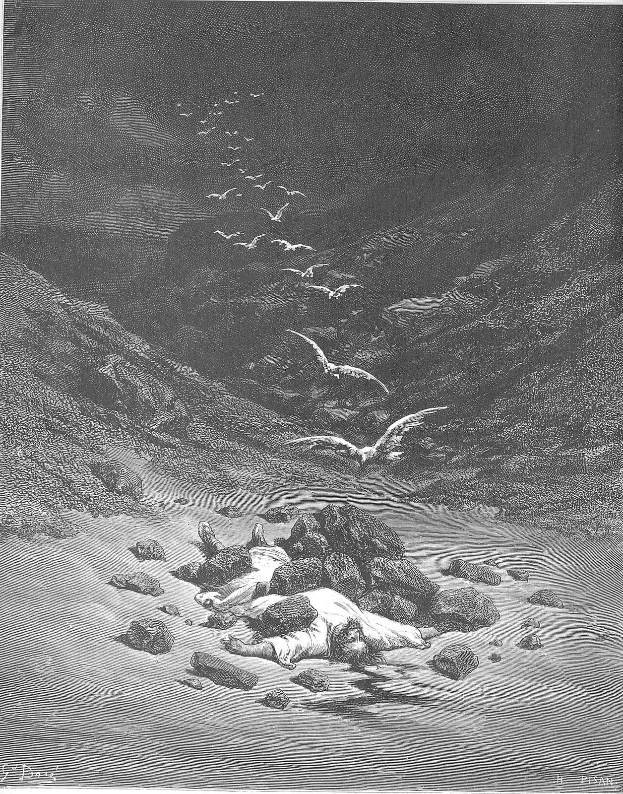Two bodies lie under a heap of rocks on the floor of a narrow valley between steep slopes, with stones scattered around them, while a long line of birds comes down out of a dark sky toward them.