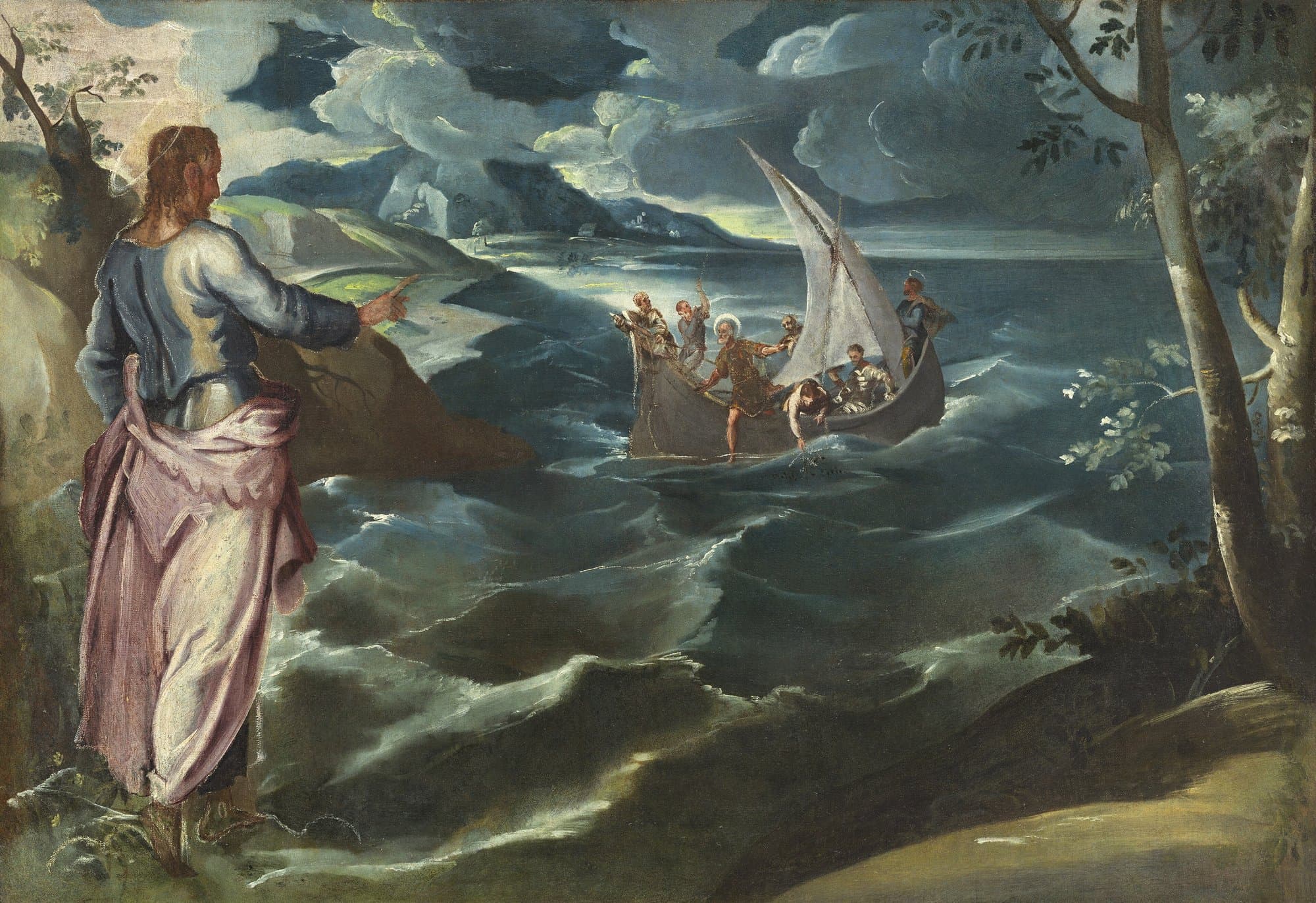 Christ in a blue robe and a pink mantle stands on a rocky shore at the left and points across a rough green sea to a sailing boat, where a haloed disciple leans over the side among the others hauling a net, under a stormy sky.