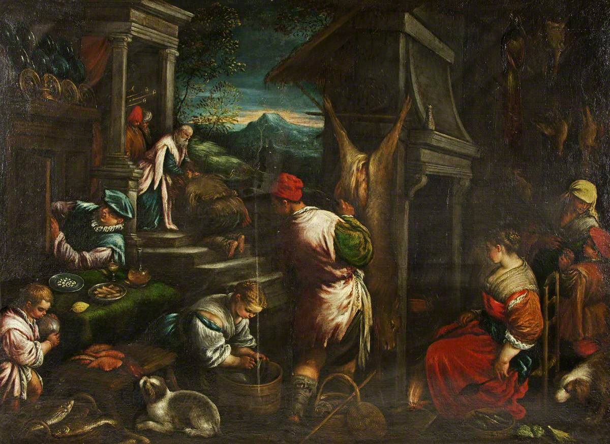 In a crowded courtyard an old father in a white robe bends on the steps of his house over his son, who kneels before him in rags, while below the household readies a feast: a slaughtered calf hangs from a beam, a man in a red cap carries a dish, a girl washes at a tub and a young woman in a red dress sits by the fire.