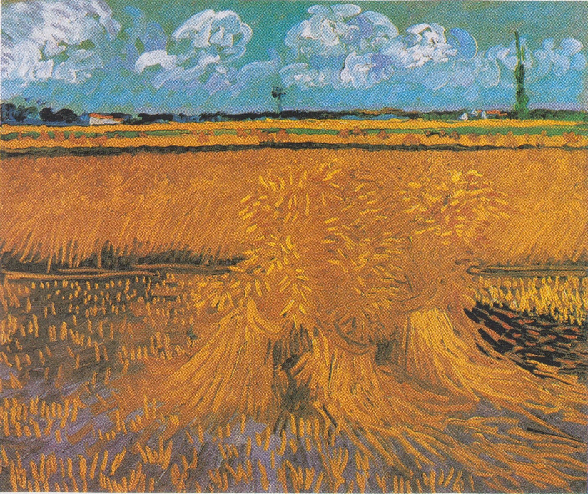 A painting of a harvested wheat field in thick strokes of orange and gold, with sheaves standing in the foreground among rows of stubble, farm buildings and a tall poplar on the far horizon, and white clouds in a green-blue sky.