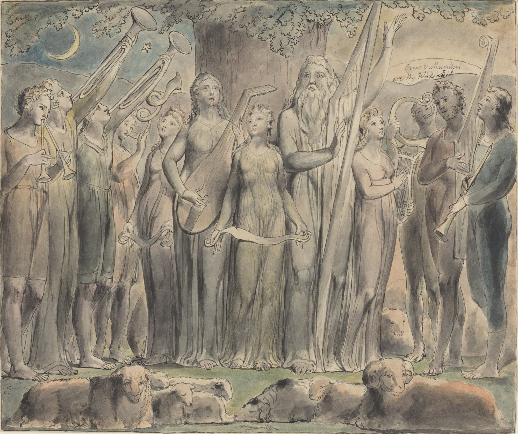 A white-bearded Job stands at the centre beside a tall harp under a great tree, with his raised hand lifted, while sons and daughters around him play trumpets, a lute and harps, a crescent moon and a star shine at the upper left, sheep and a ram lie in the foreground, and a ribbon of lettered words floats at the right.