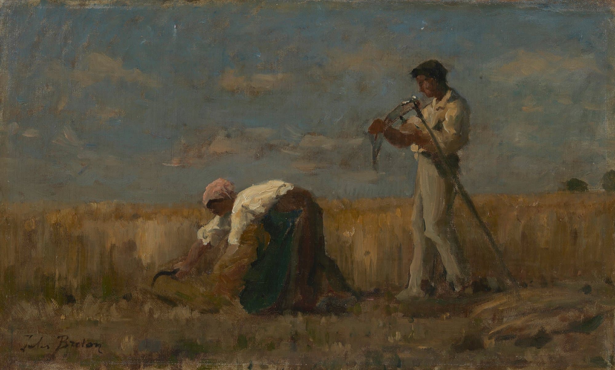A painting of a wheat harvest under a blue sky with drifting cloud: a woman in a pink headscarf bends low to cut the standing grain with a sickle, while a young man in white stands behind her whetting the blade of his scythe.