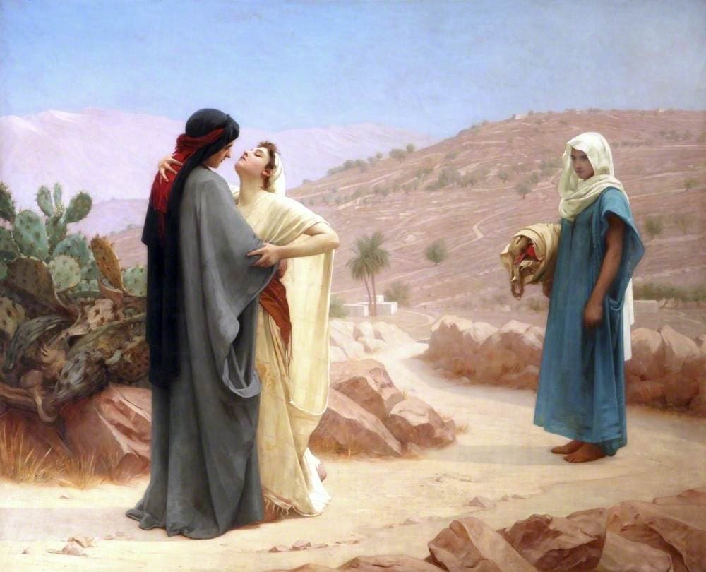 On a dusty hill road among terraced slopes, a young woman in a cream robe embraces an older woman in a grey cloak, while a third young woman in blue holding a bundle stands apart and watches