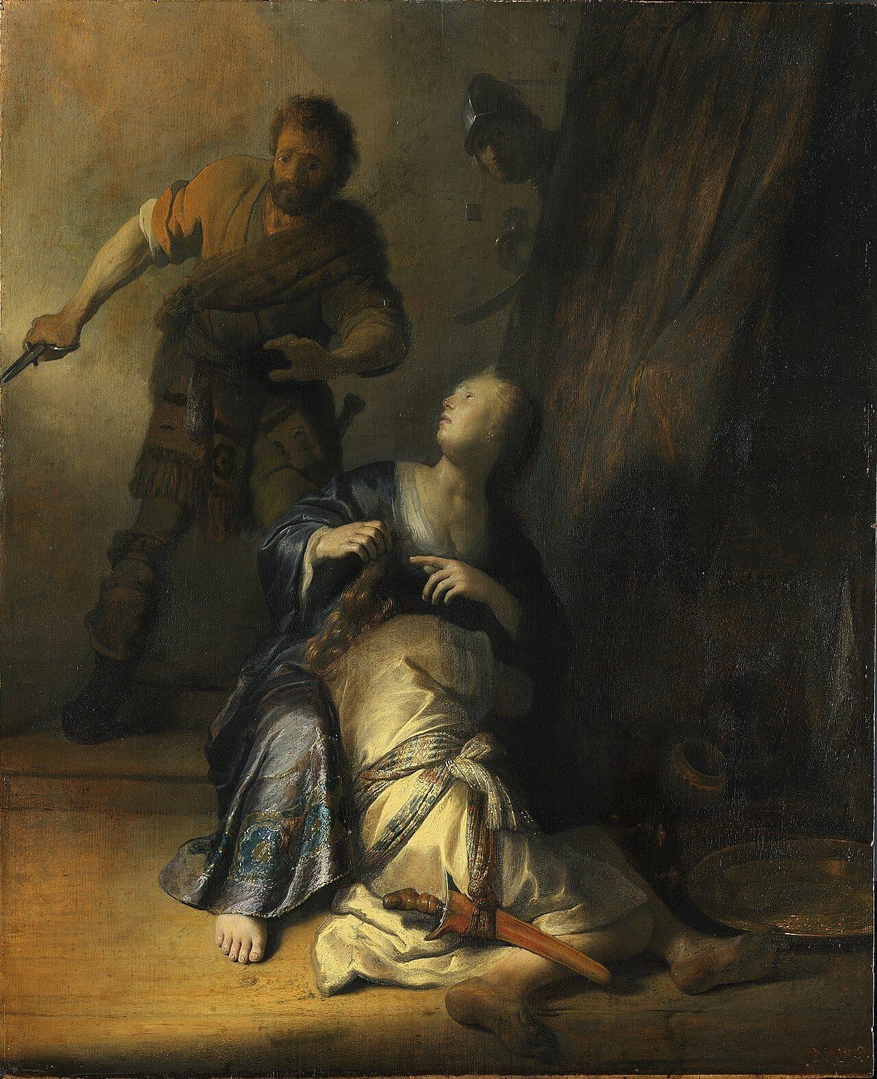 A seated woman holds the long hair of a man asleep in her lap and looks up at a man coming in with a blade, while a helmeted soldier watches from behind a curtain