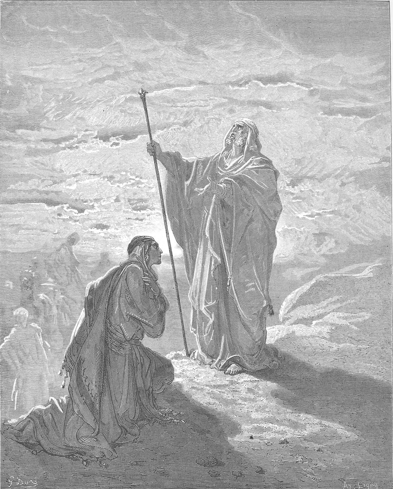 An old prophet in a long robe holds a tall staff and looks up with one hand open, while a younger man kneels before him on rocky ground