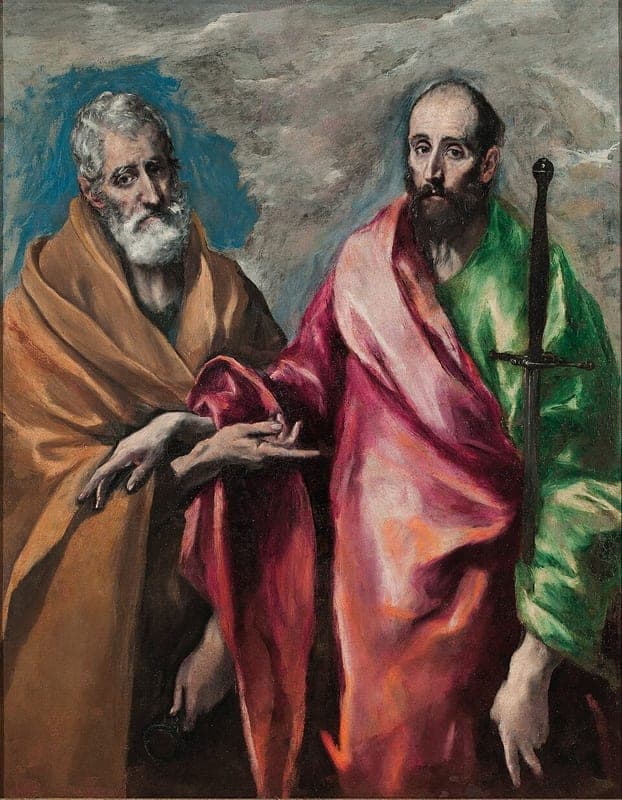 Two apostles stand side by side against a cloudy sky. On the left Peter, white-haired, in a golden-brown cloak, holds a key low at his side; on the right Paul, bald and dark-bearded, in red over green, has a sword beside him. Their hands meet between them.