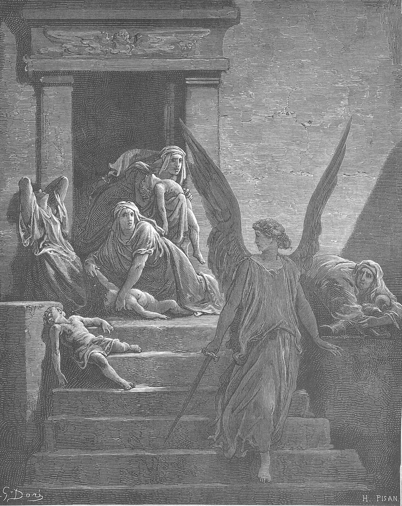 Egyptian mothers and fathers mourn over their dead firstborn sons in a dark hall, while a lamp burns above them.