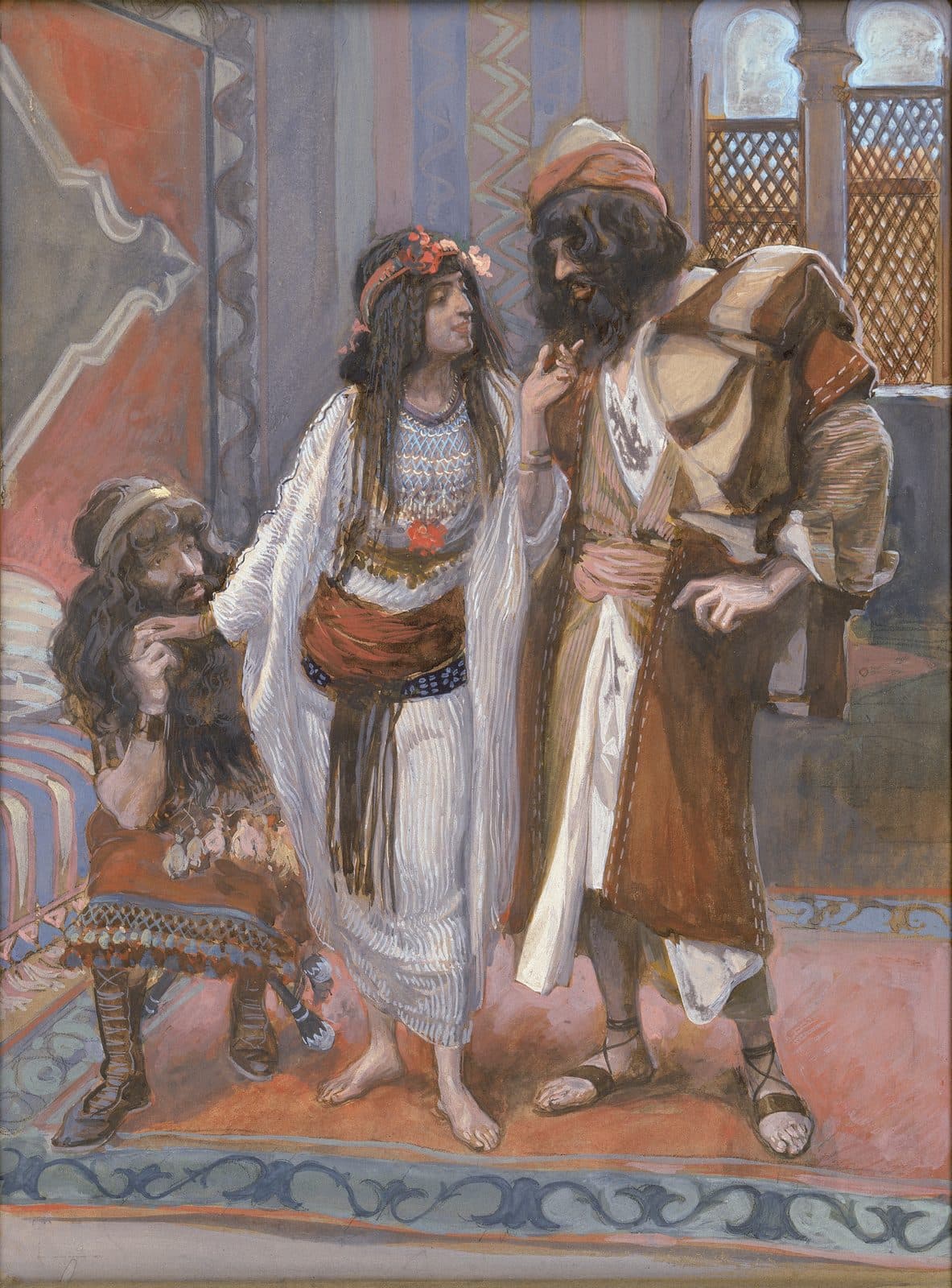 Rahab, in a white robe with a red sash and flowers in her hair, stands in a room of patterned walls and latticed windows between the two spies. One sits at her side with her hand on his shoulder, and the other, bearded and turbaned, bends toward her as she speaks.