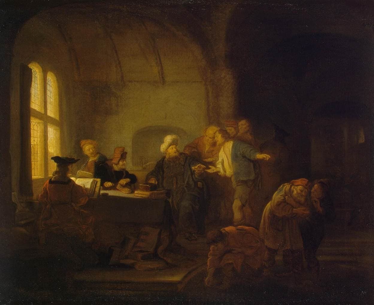 In a vaulted hall lit by a tall window, a bearded landowner in a white turban sits at a table of ledgers and holds out a coin to a labourer in a blue coat, while clerks write at the table and two workers in the shadows at the right look at the coins in their hands.