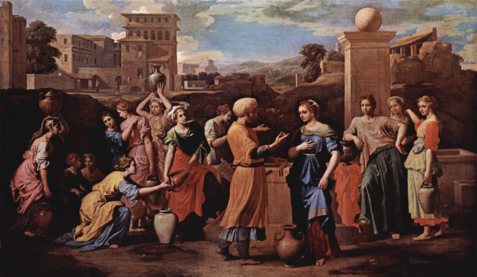 Beside a stone well a bearded man in a white turban and a yellow robe holds out a ring to a young woman in a blue dress, while other young women with water jars stand and kneel around the well before a town and hills under a blue sky.