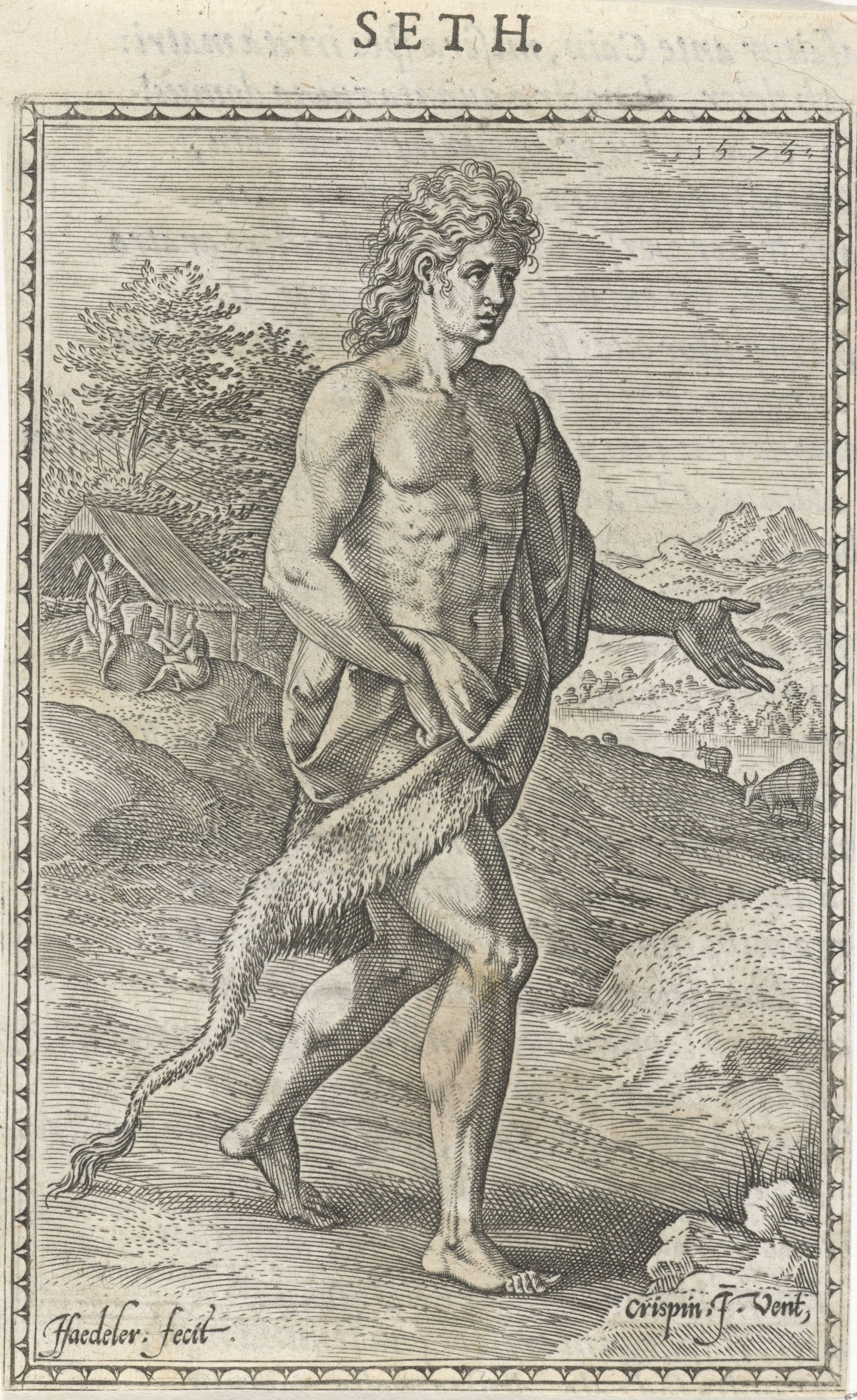Seth stands barefoot in a hilly landscape with a cloak and an animal skin about him and one hand held out, while Adam and Eve sit at a thatched hut behind him at the left, and the name SETH is printed above the frame.