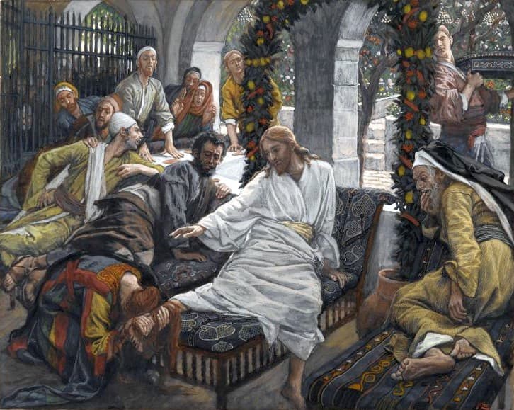 A watercolour of Jesus in a white robe reclining on a cushioned couch under an arch hung with garlands, one hand held out, while a woman with long red hair in a striped robe lies bowed over His feet; men at the table and others standing behind them look on, and an old man in a yellow robe sits apart at the right with his head on his hand.