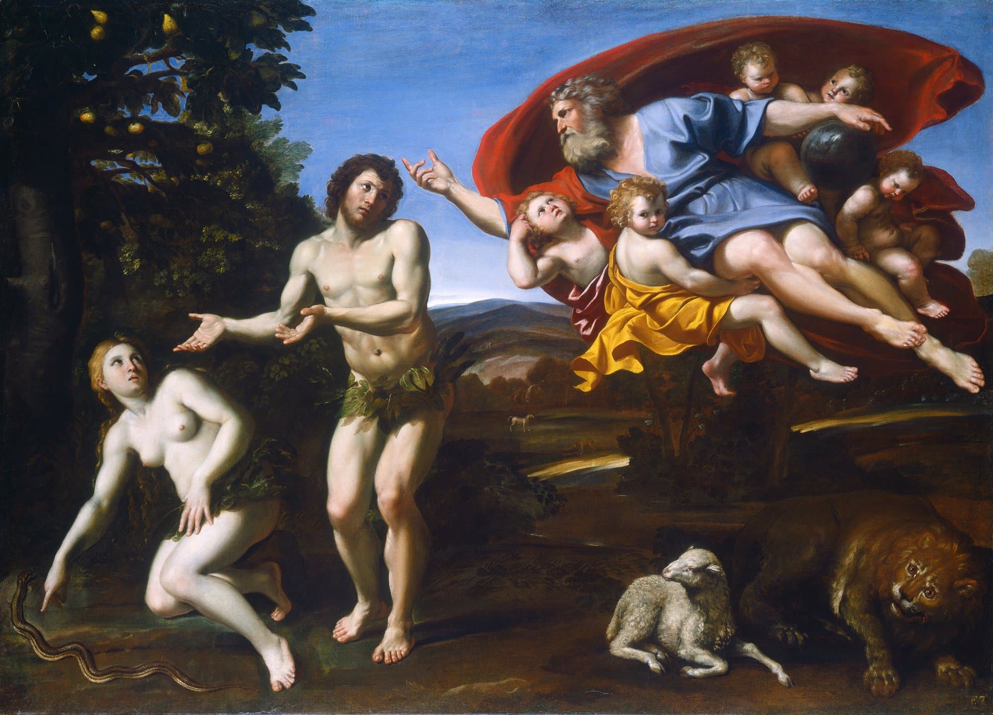 God, white-bearded in a red cloak, comes among child angels and points at Adam. Adam, girded with leaves, spreads his hands toward Eve, who crouches covering herself and points at a serpent, while a lamb and a lion lie in front.