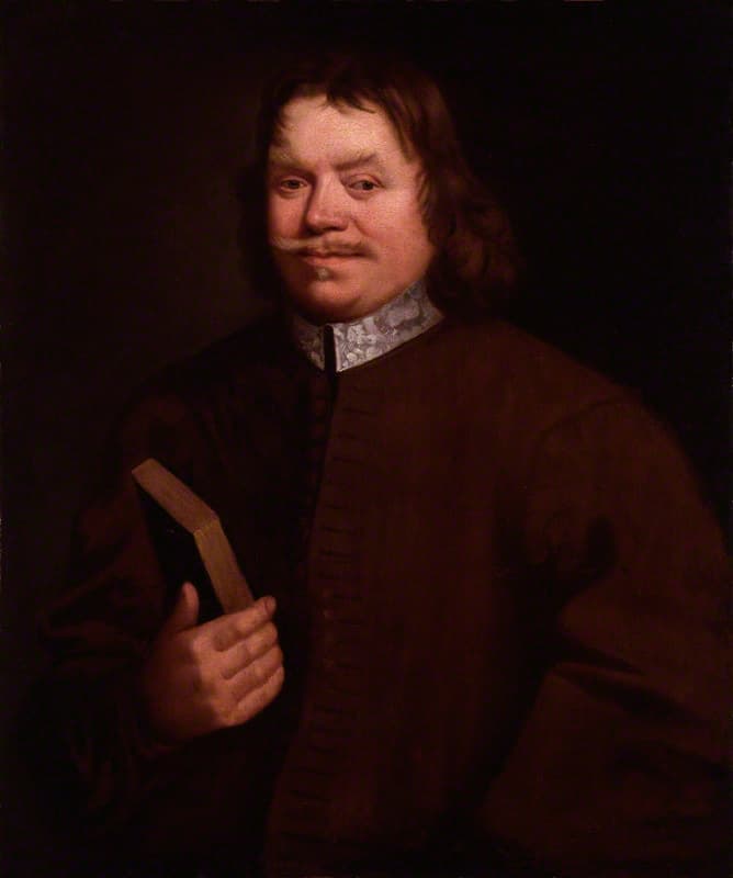 An oil portrait of a heavy-set man with long brown hair and a moustache, in a plain brown coat with a white lace collar, holding a small closed book against his chest in his right hand, set against a dark ground.