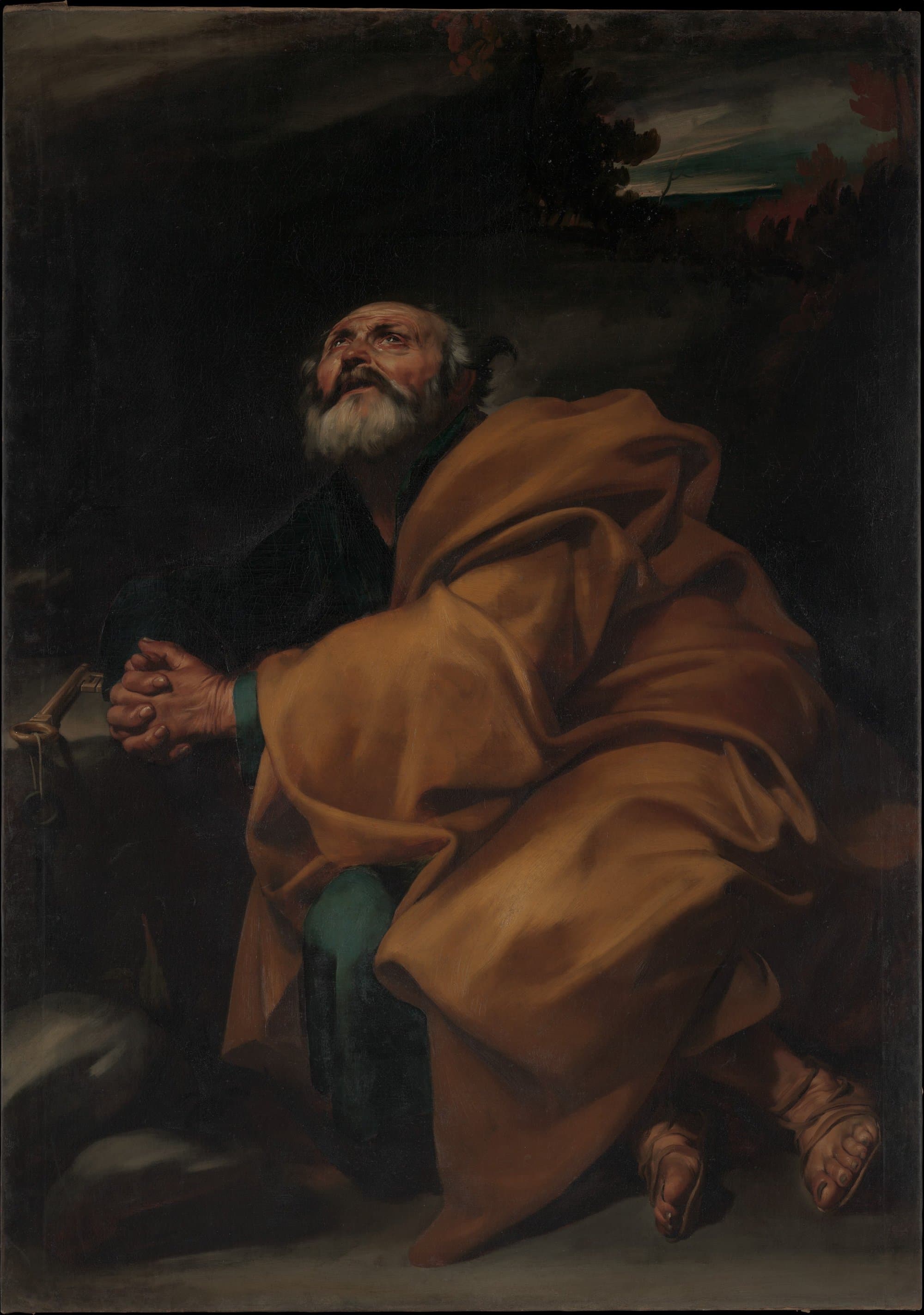 An oil painting of an old man with a white beard, kneeling on dark ground under a stormy sky, in an ochre cloak over a green robe, his hands clasped and his eyes raised and wet with tears, with a large key hanging on a cord beside his hands.