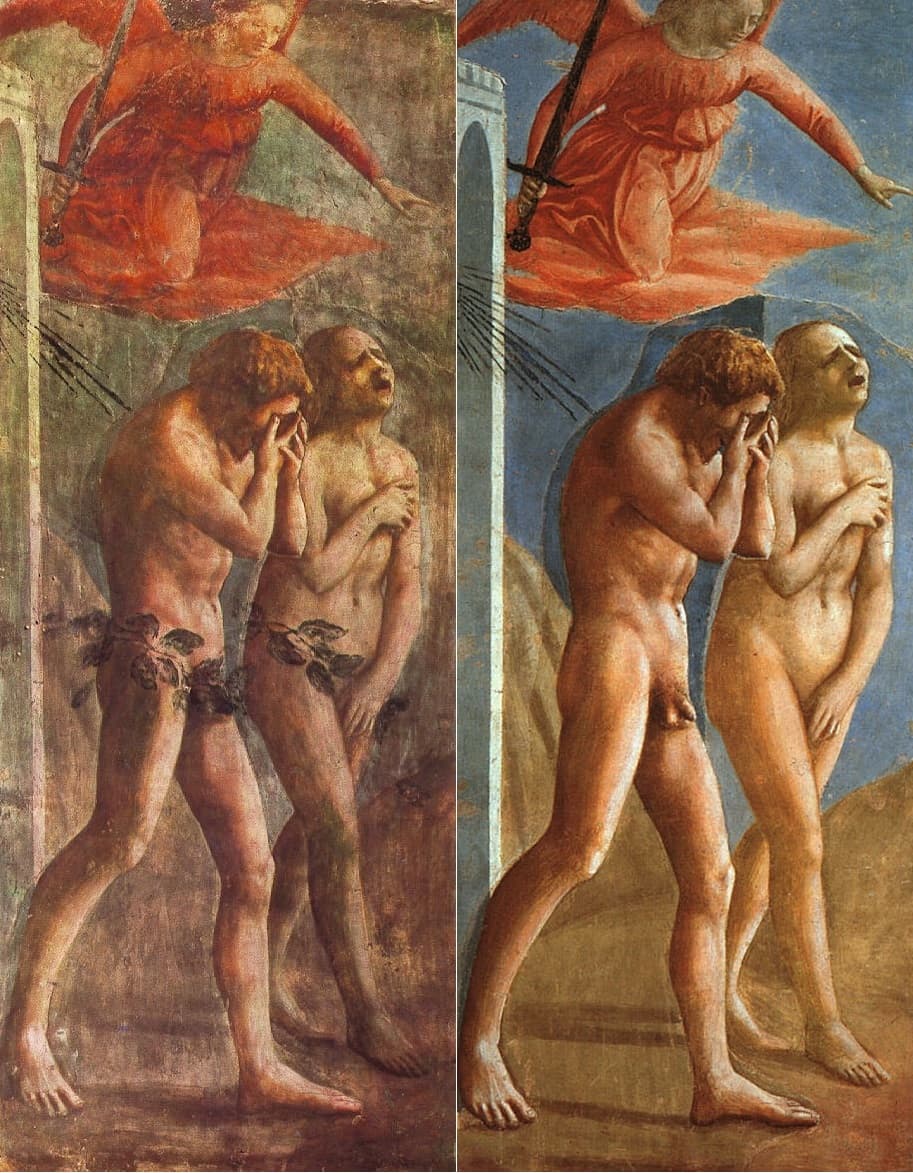 A naked man and woman walk out of a gate under an angel with a sword; the man covers his face with both hands and the woman covers her body and cries out.