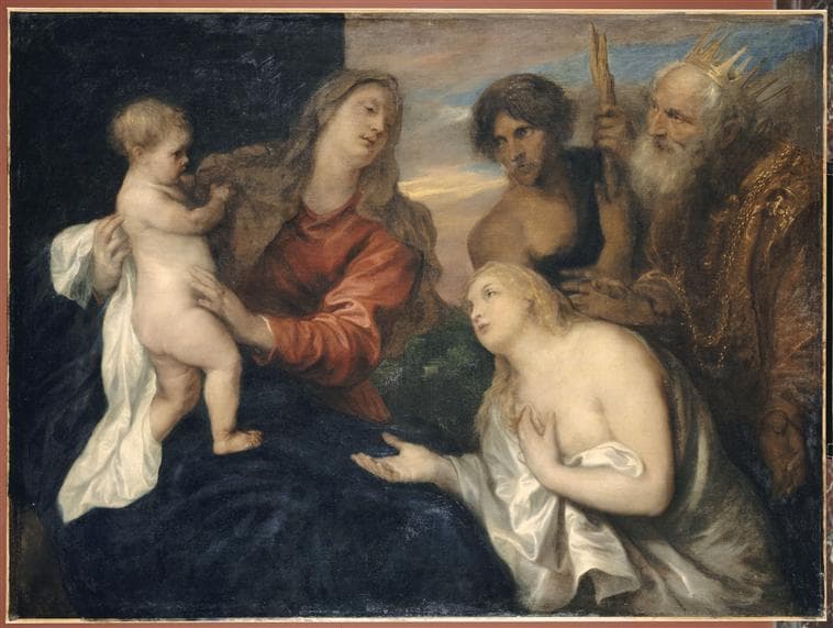 Mary in a red dress and dark blue mantle holds the infant Jesus standing on her lap at the left, while on the right an old king with a gold crown and a white beard and a dark-haired young man with a bare shoulder look on, and a fair-haired woman kneels in front of them with one hand on her breast and the other held out toward the child.