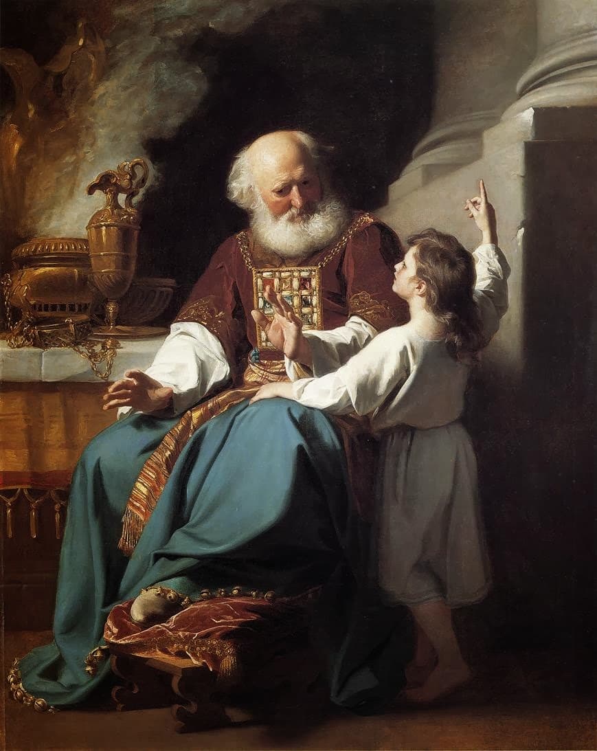 An old priest with a white beard sits in a red robe and a jewelled breastpiece beside a table of gold vessels and smoking incense. A barefoot boy in a white tunic stands at his knee and points upward.