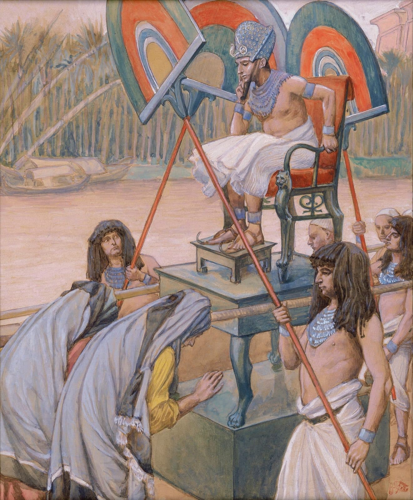 Two veiled women bow low beside a raised platform where the king of Egypt sits in a tall red chair, resting his chin on his hand. Bare-chested bearers hold the carrying poles and painted fans around him, and a river with moored boats and a line of palms lies behind.
