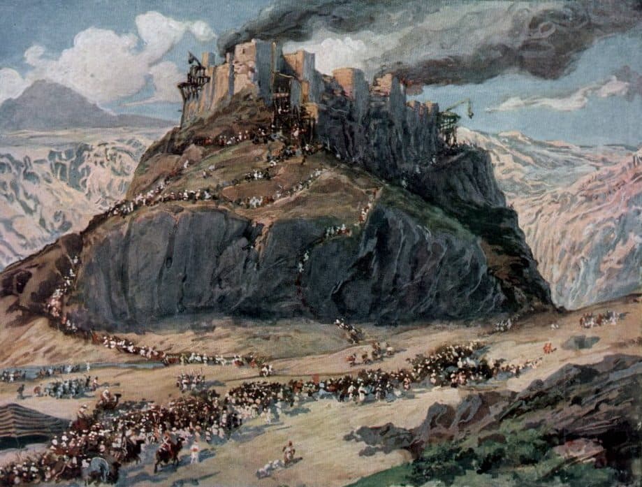A painting of a walled fortress on a high rocky hill with smoke pouring from its towers, while long columns of soldiers climb the slopes and a great army with camels and tents fills the plain below, pale mountains behind.