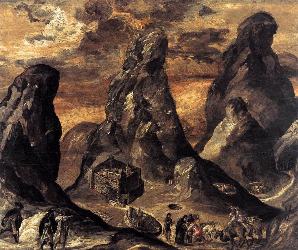 Three steep rock peaks rise under a stormy amber sky. A walled monastery stands in the valley between them, and pilgrims with camels and horses travel along the foreground.