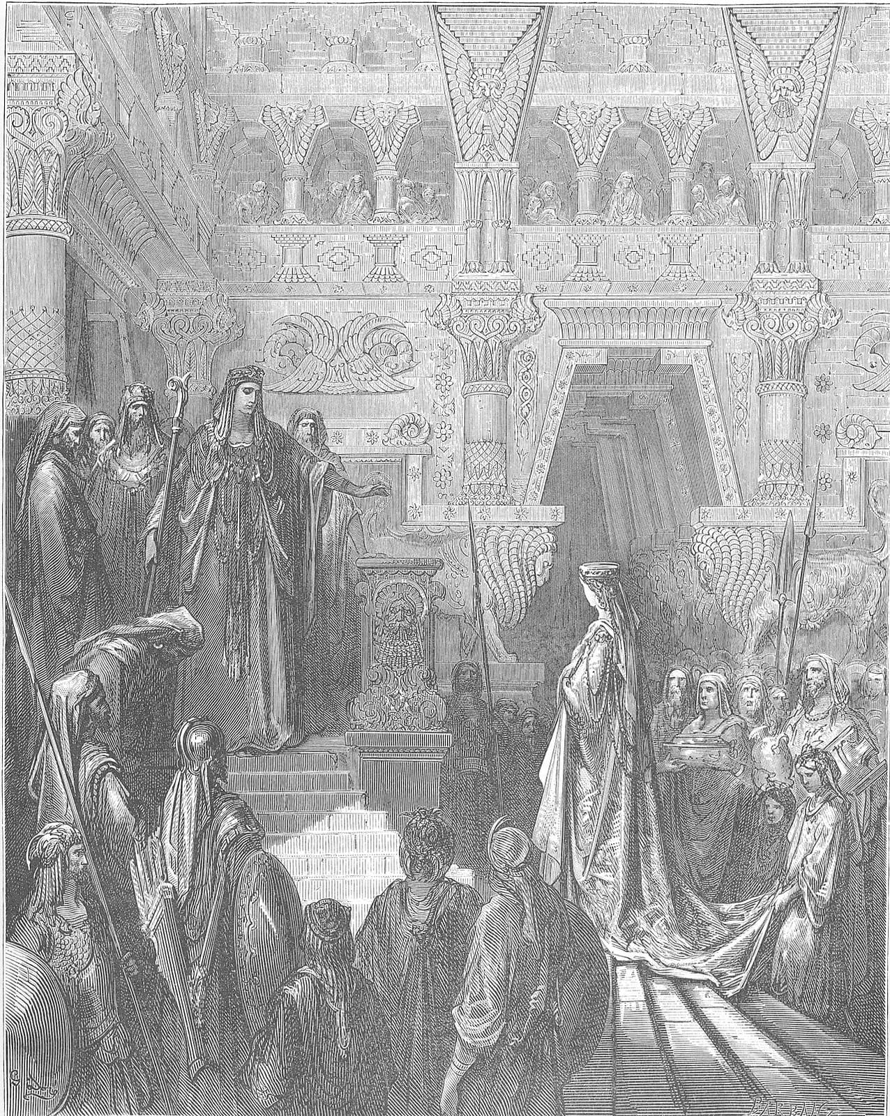 Doré's engraving of a great hall of carved columns and winged figures, where a king in a long robe stands at the top of a stair beside his throne and a queen in a trailing gown approaches below, her attendants carrying gifts