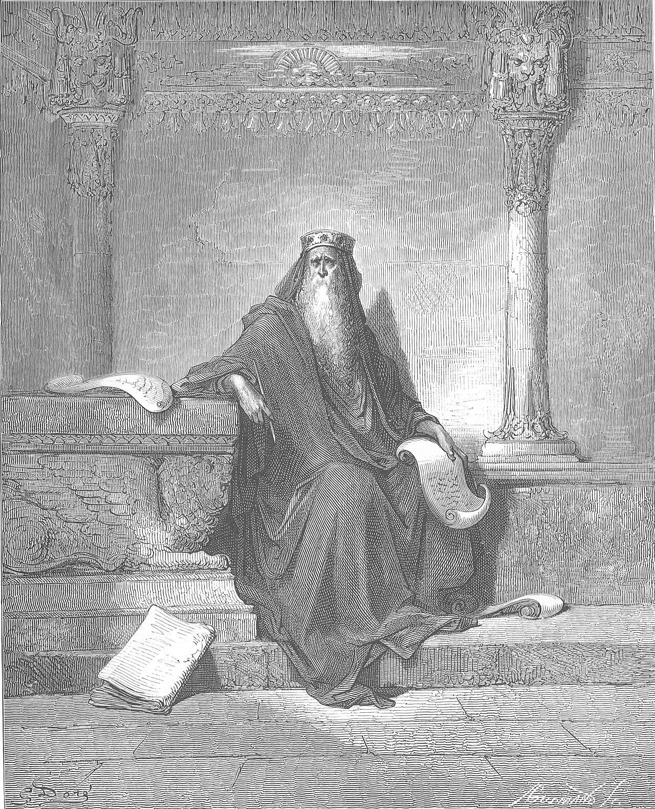 Doré's engraving of an old king with a long white beard and a crown, seated on a stone bench between two carved columns, a scroll in his right hand, another on the bench beside him and a stack of pages at his feet