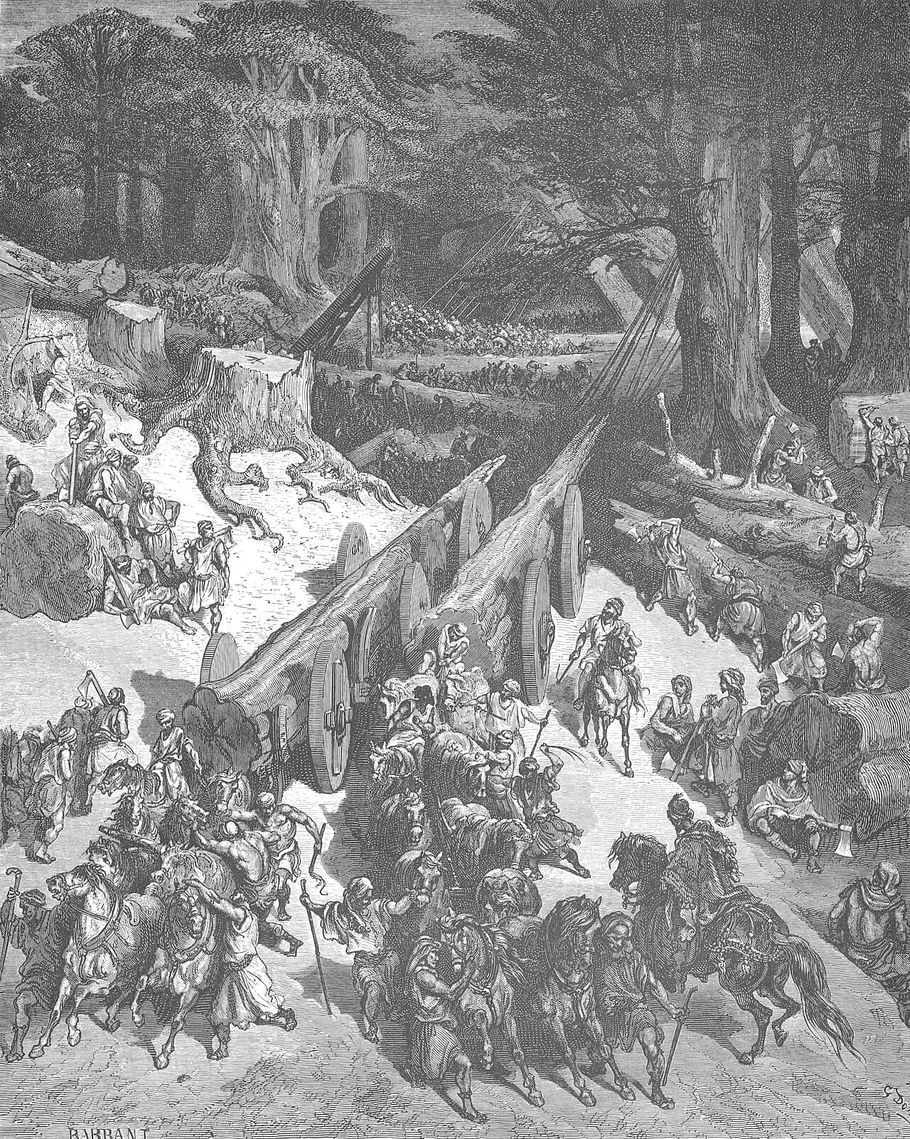 Gustave Doré's engraving of a cedar forest where workmen fell trees with axes while teams of horses drag two great trunks on wheeled carts toward the viewer