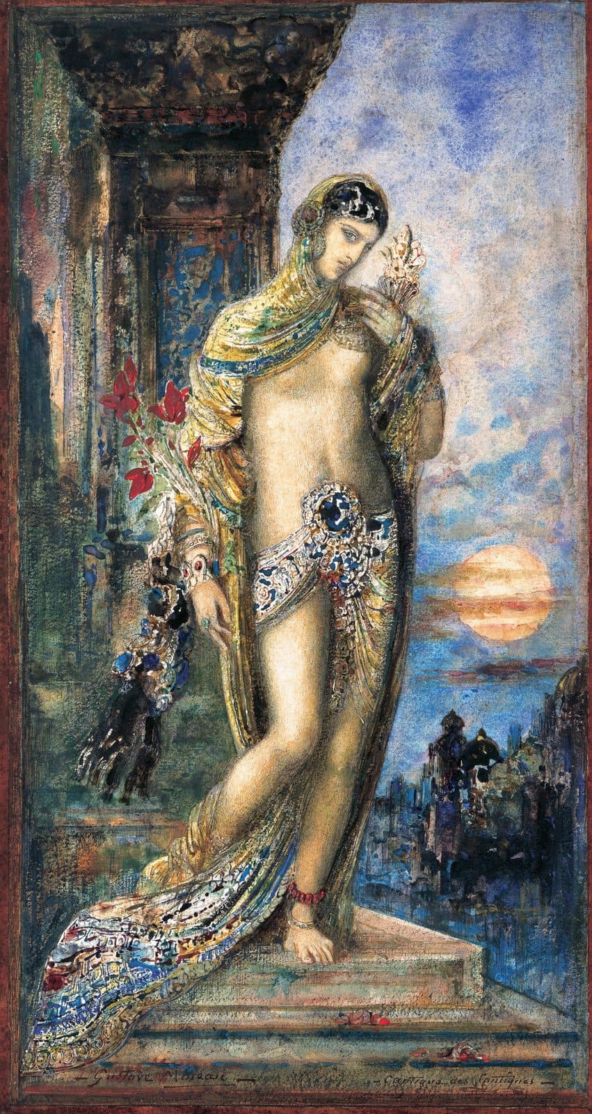 Moreau's watercolour of the bride of the Song: a young woman in a gold veil stands on a stone step, a white flower at her face. A city of domes lies behind her under a setting sun.