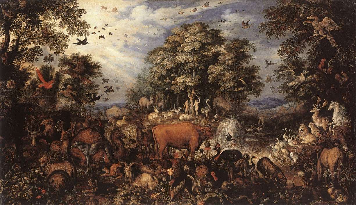 A crowded garden under a pale sky full of birds: a man and a woman stand small beside a tree in the middle distance, and around them a red ox, deer, camels, ostriches, a lion, horses, goats, a dog, herons and a parrot gather among dense trees, with a spring of water rising near the centre.