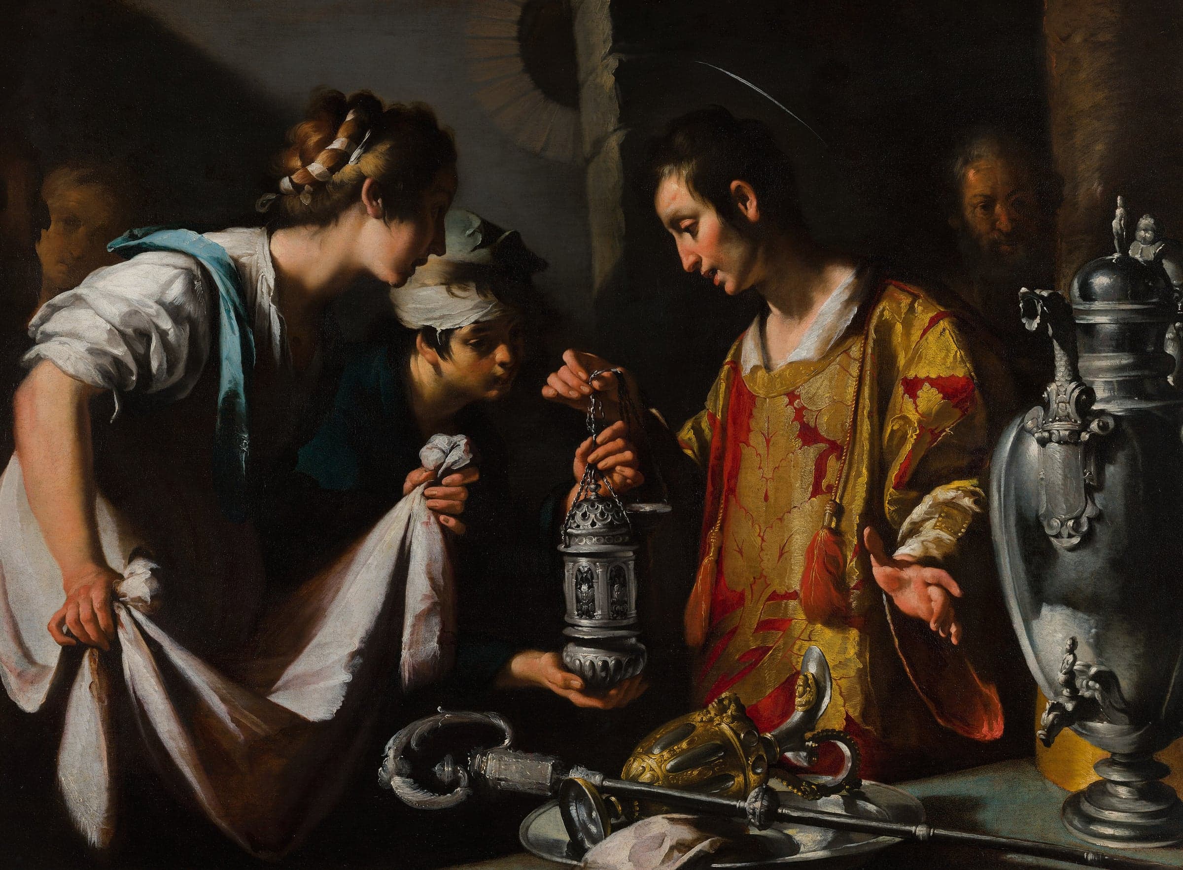 A young deacon with a faint halo, in a red and gold vestment, lifts a silver censer by its chains toward a woman holding out a cloth and a boy in a white cap, beside a tall silver ewer and a table of gold and silver vessels.
