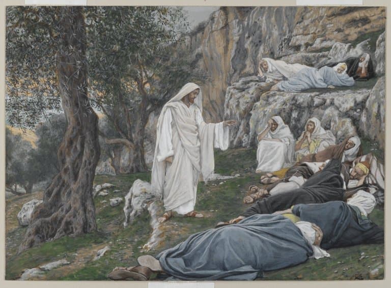 On a rocky hillside under olive trees, Jesus in a white robe stands with one hand held out over the apostles, who lie asleep on the grass and on the ledges of rock or sit wrapped in their cloaks.